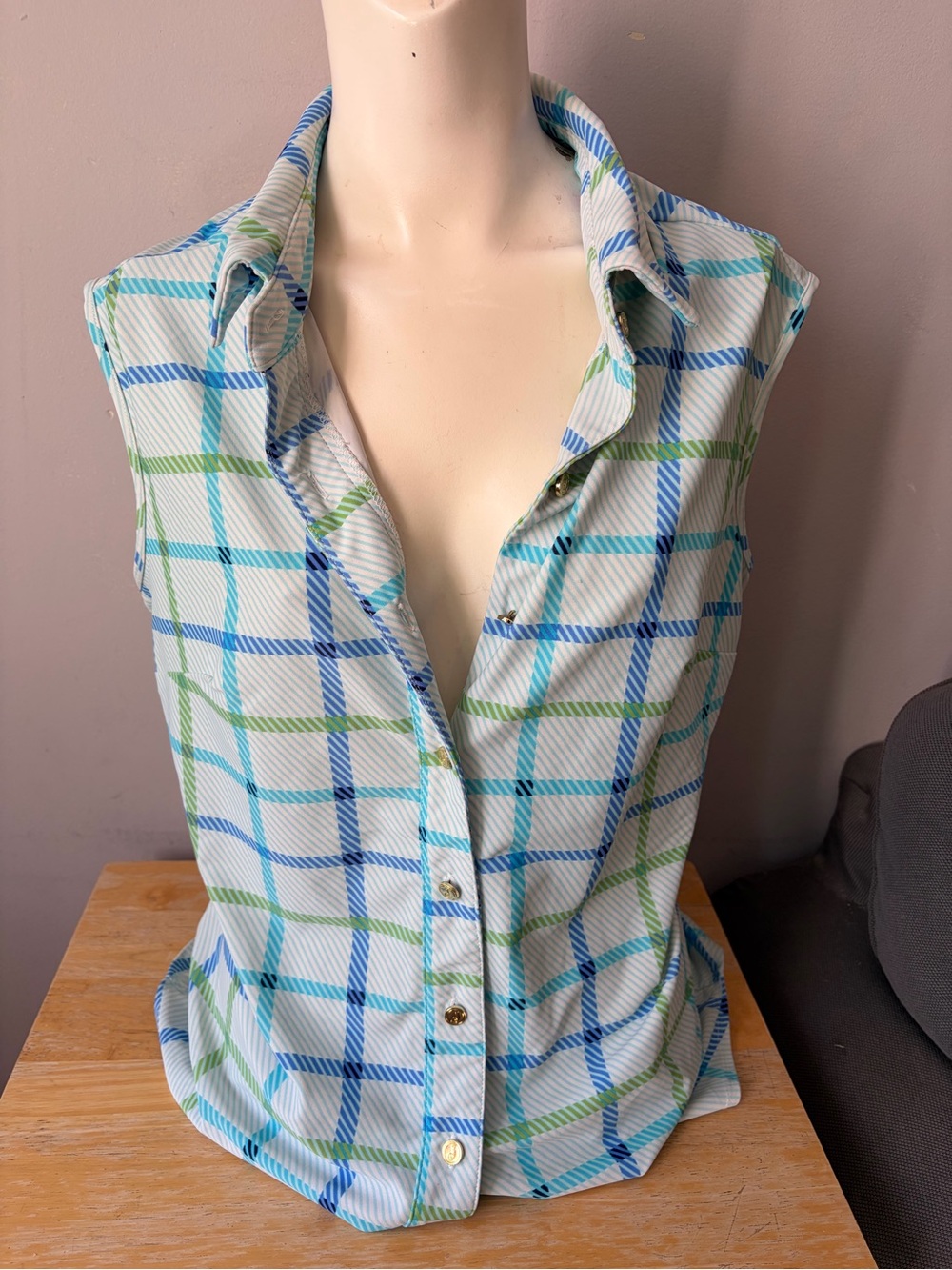 Jude Connally Plaid Gold Button Front Sleeveless Stretch Top